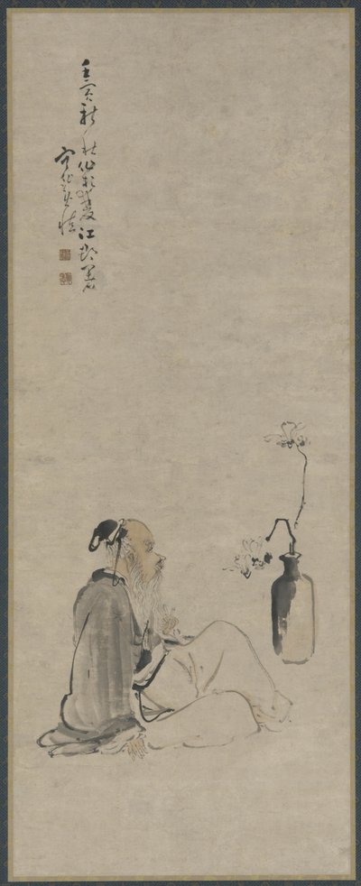 Vieil homme regardant des branches de magnolia dans un vase, dynastie Qing, 1722 (encre et couleur sur papier) - Huang Shen